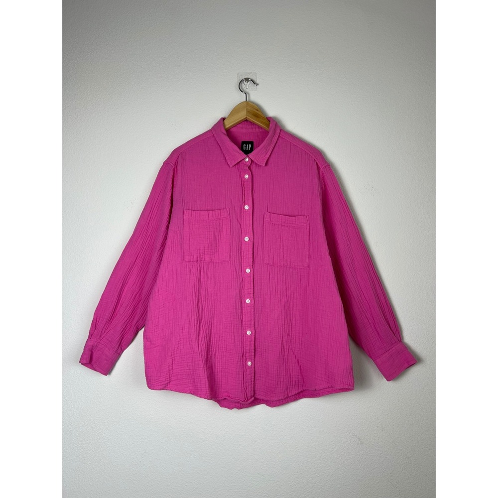 GAP Crinkle Gauze Big Shirt Pink Oversized Button Up Cotton Blouse L Cottagecore